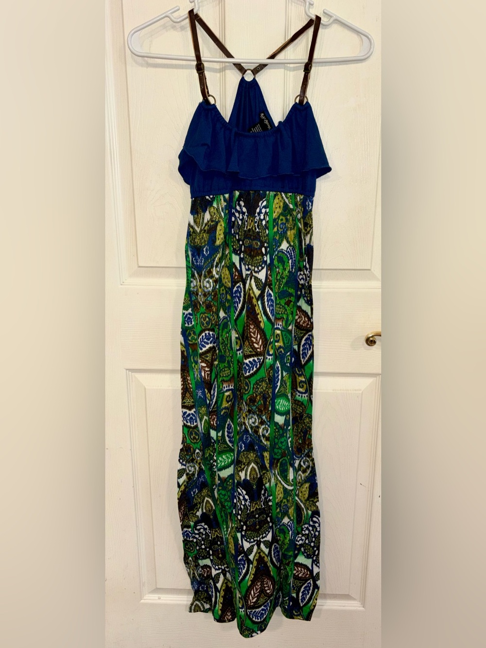 Self Esteem Blue and Green Paisley Maxi Dress